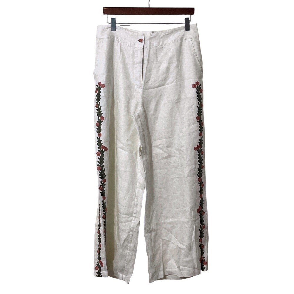 Elie Tahari Floral Embroidered Linen Wide Leg Pants 10 White Boho Coastal Casual